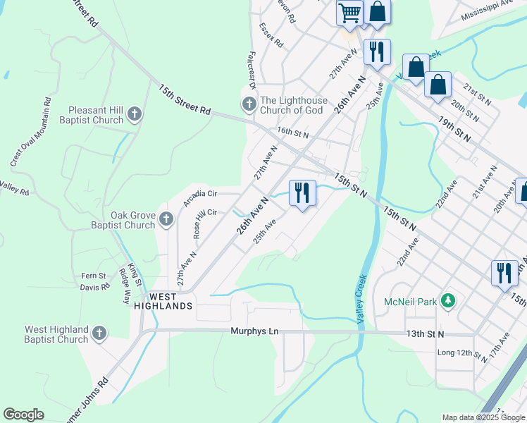 map of restaurants, bars, coffee shops, grocery stores, and more near 1208 25th Avenue in Bessemer