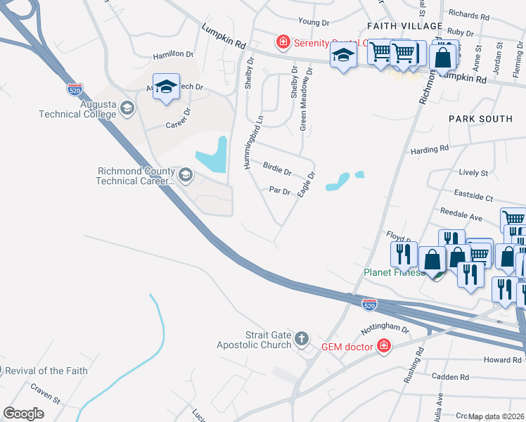 map of restaurants, bars, coffee shops, grocery stores, and more near 3041 Hummingbird Lane in Augusta