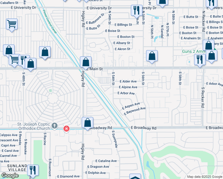 map of restaurants, bars, coffee shops, grocery stores, and more near 5346 East Arbor Circle in Mesa