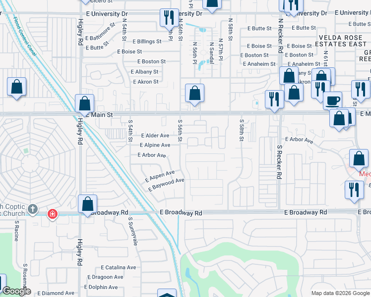 map of restaurants, bars, coffee shops, grocery stores, and more near 214 East 7th Street in Mesa