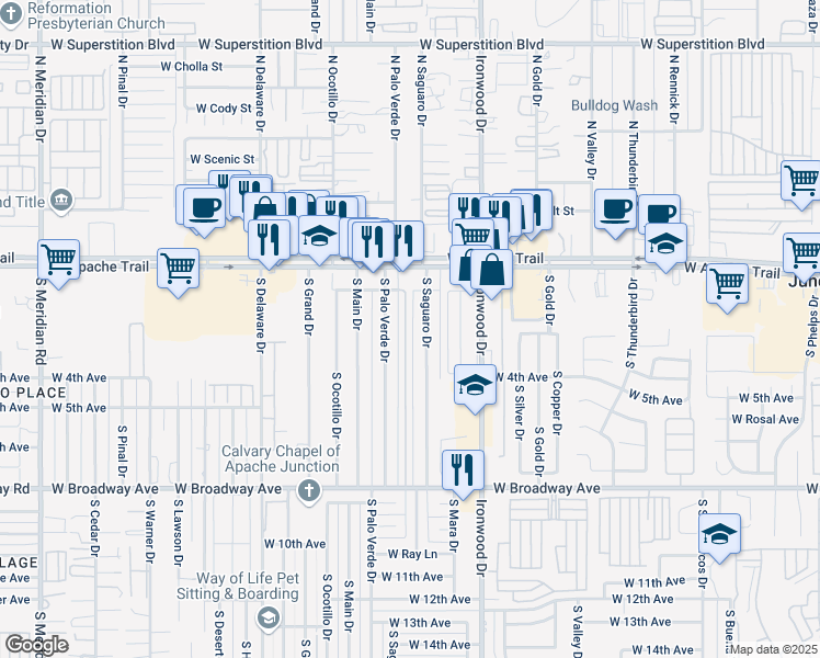 map of restaurants, bars, coffee shops, grocery stores, and more near 255 South Stardust Lane in Apache Junction