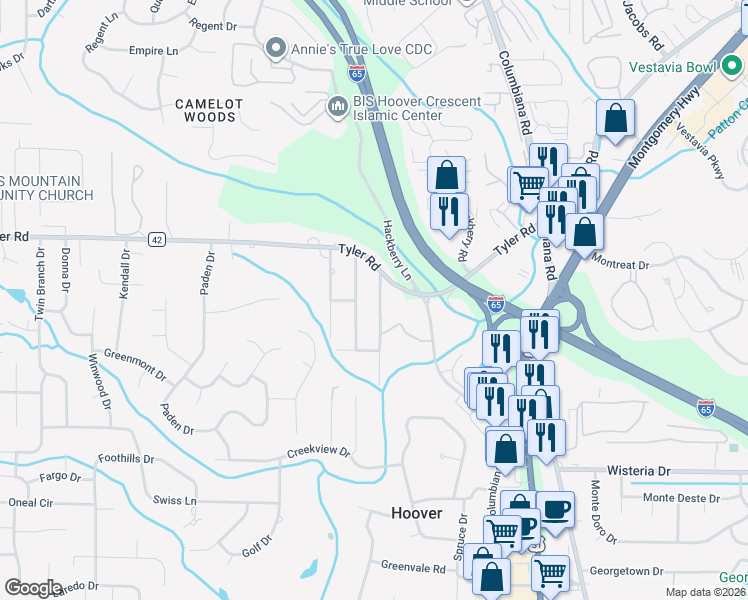 map of restaurants, bars, coffee shops, grocery stores, and more near 615 Staffordshire Lane in Vestavia Hills