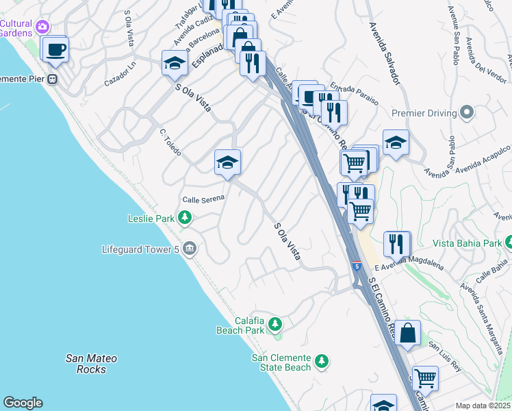 map of restaurants, bars, coffee shops, grocery stores, and more near 220 West Avenida San Antonio in San Clemente