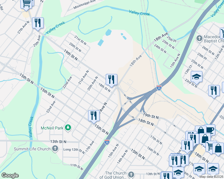map of restaurants, bars, coffee shops, grocery stores, and more near 1701 18th Street North in Bessemer