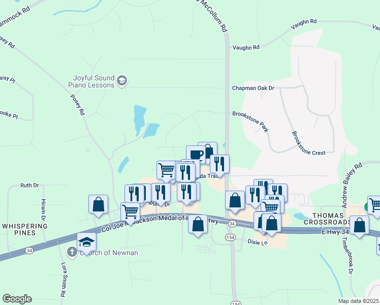 map of restaurants, bars, coffee shops, grocery stores, and more near 99 Nanette Drive in Newnan