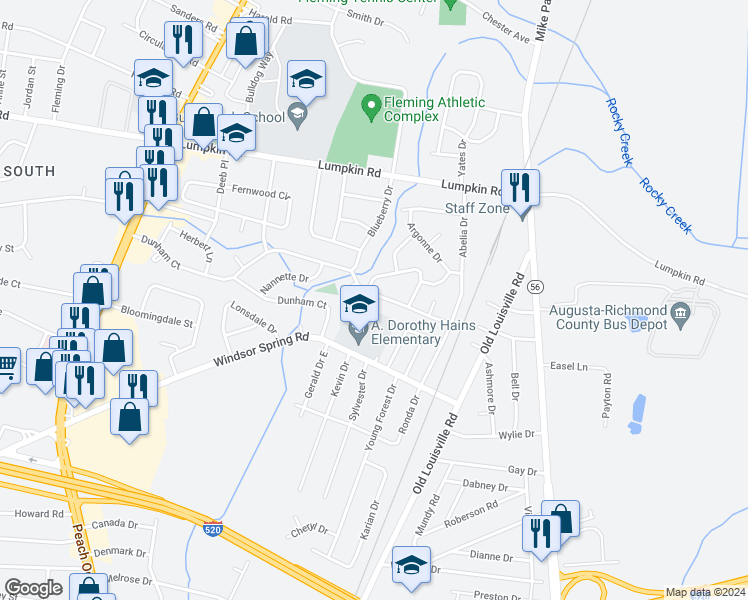 map of restaurants, bars, coffee shops, grocery stores, and more near 1926 Kings Grant Drive in Augusta
