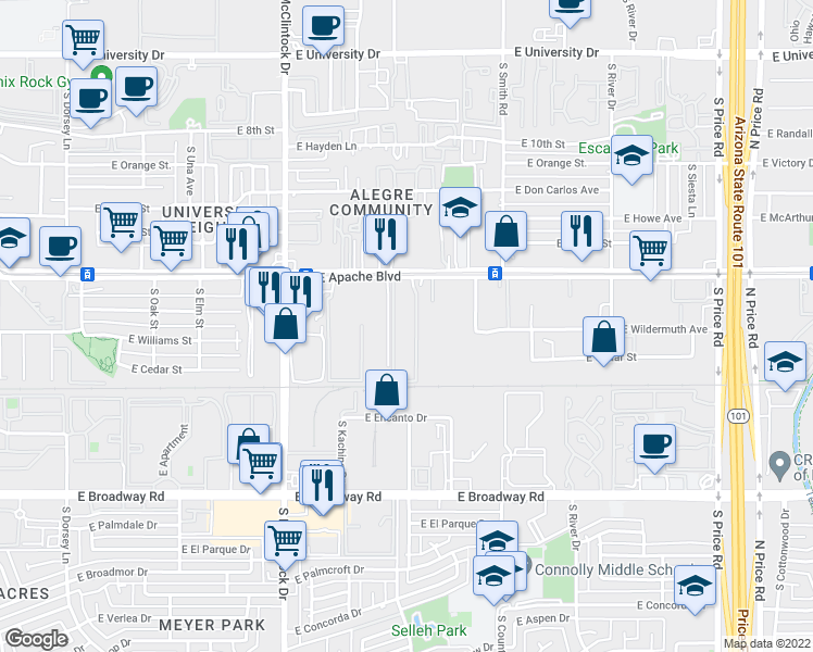 map of restaurants, bars, coffee shops, grocery stores, and more near 1901 Apache Boulevard East in Tempe