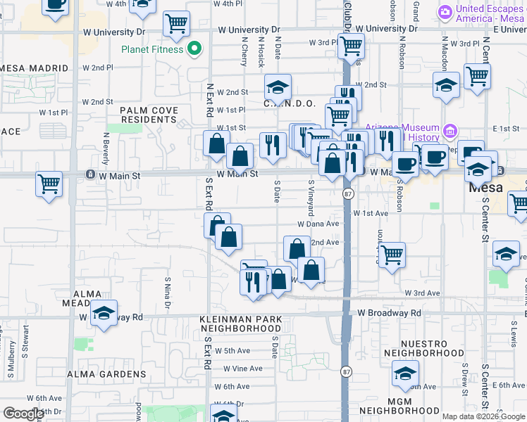 map of restaurants, bars, coffee shops, grocery stores, and more near 633 West 1st Avenue in Mesa