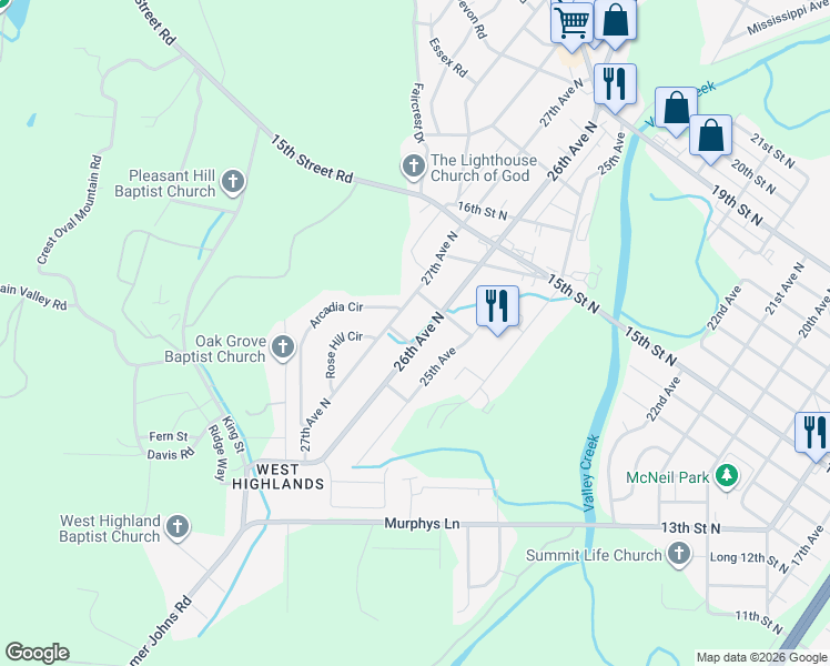 map of restaurants, bars, coffee shops, grocery stores, and more near 1208 25th Avenue in Bessemer