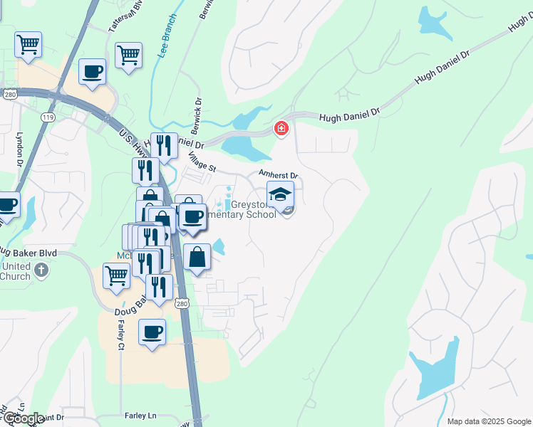 map of restaurants, bars, coffee shops, grocery stores, and more near 300 Village Street in Birmingham