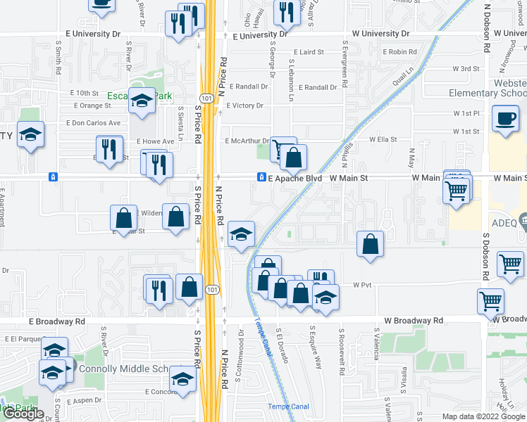 map of restaurants, bars, coffee shops, grocery stores, and more near 2323 East Apache Boulevard in Tempe