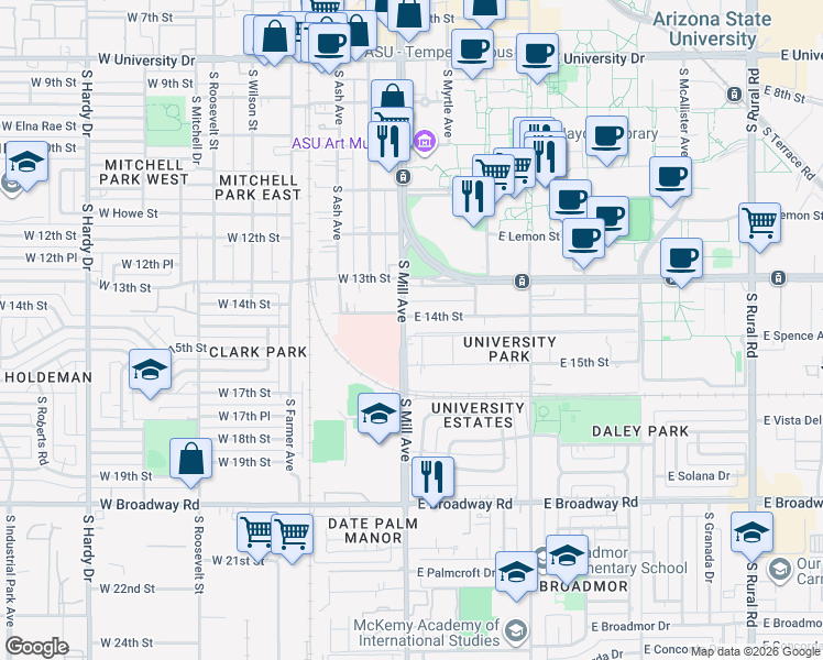 map of restaurants, bars, coffee shops, grocery stores, and more near 1409 South Mill Avenue in Tempe