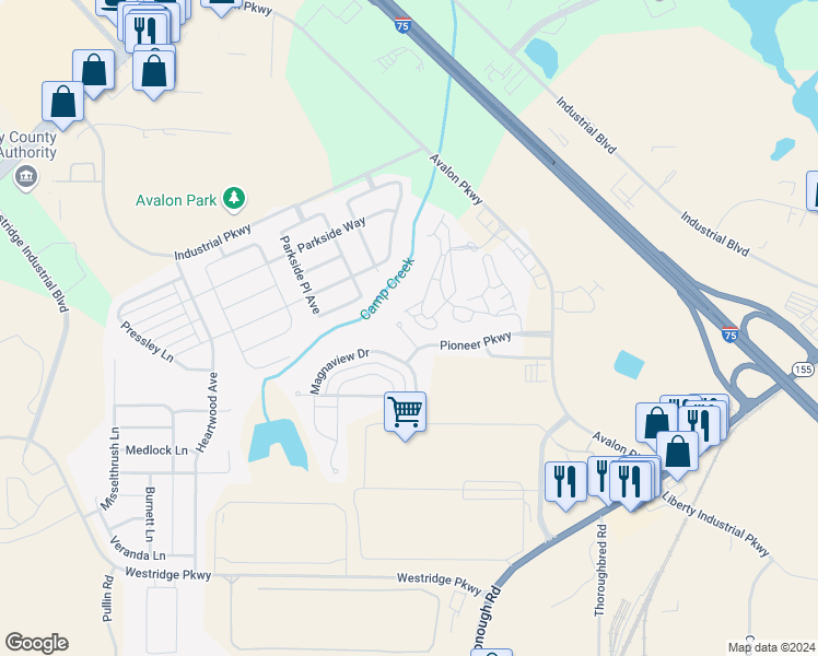 map of restaurants, bars, coffee shops, grocery stores, and more near 608 Beaujolais Court in McDonough