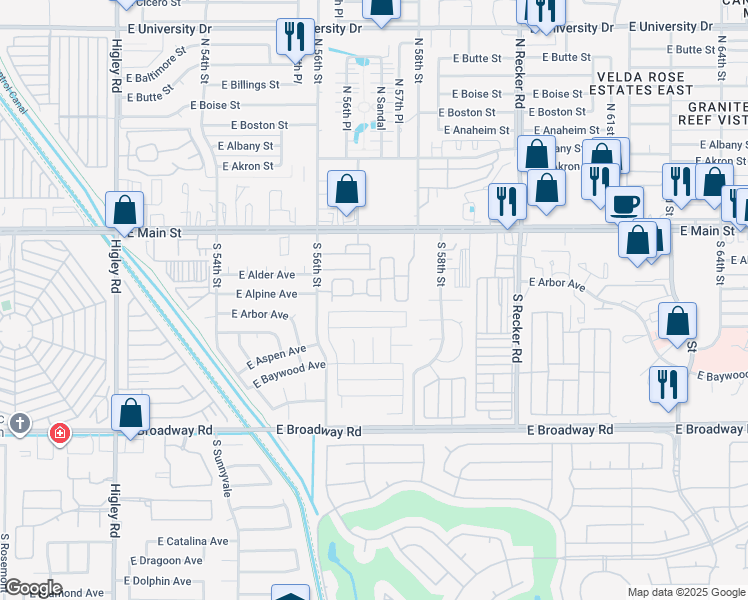 map of restaurants, bars, coffee shops, grocery stores, and more near 125 South 56th Street in Mesa
