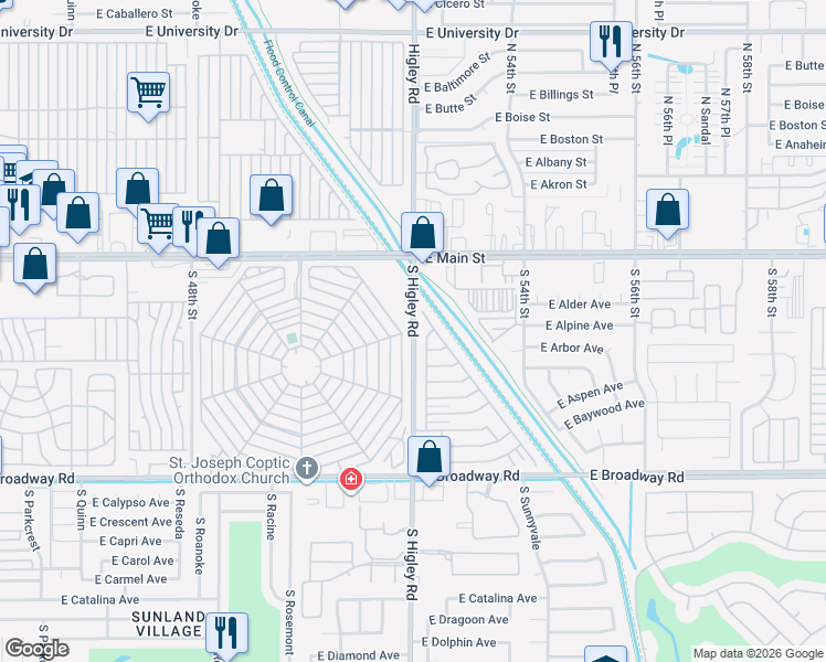 map of restaurants, bars, coffee shops, grocery stores, and more near 129 South Higley Road in Mesa