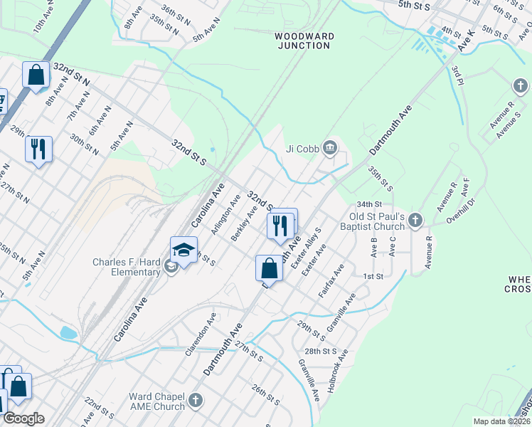 map of restaurants, bars, coffee shops, grocery stores, and more near 3121 Clarendon Avenue in Bessemer