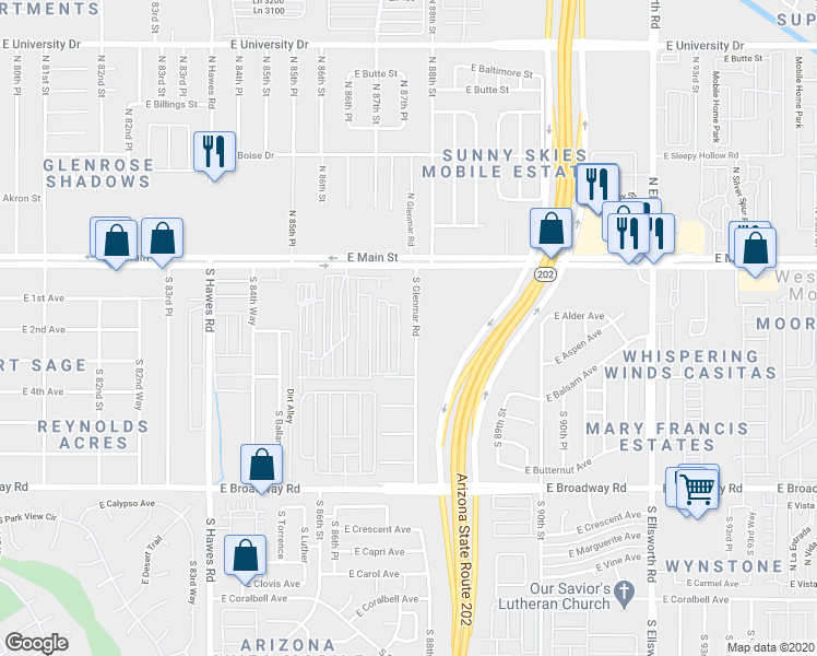 map of restaurants, bars, coffee shops, grocery stores, and more near 130 South Glenmar Road in Mesa