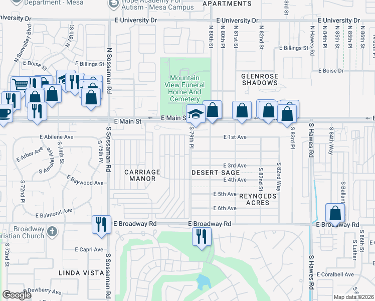 map of restaurants, bars, coffee shops, grocery stores, and more near 7918 East 3rd Avenue in Mesa
