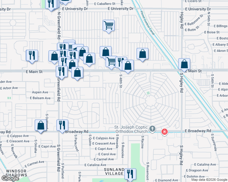 map of restaurants, bars, coffee shops, grocery stores, and more near Nectarine in Mesa