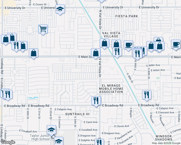 map of restaurants, bars, coffee shops, grocery stores, and more near Mobile Home Park in Mesa