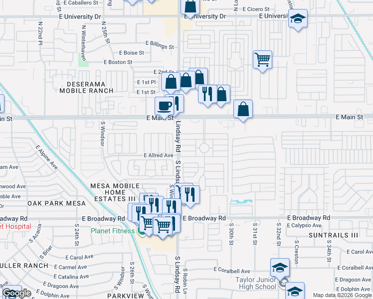 map of restaurants, bars, coffee shops, grocery stores, and more near 211-217 S Lindsay Rd in Mesa