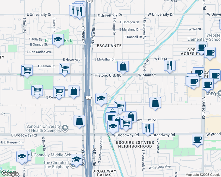 map of restaurants, bars, coffee shops, grocery stores, and more near 2323 East Apache Boulevard in Tempe
