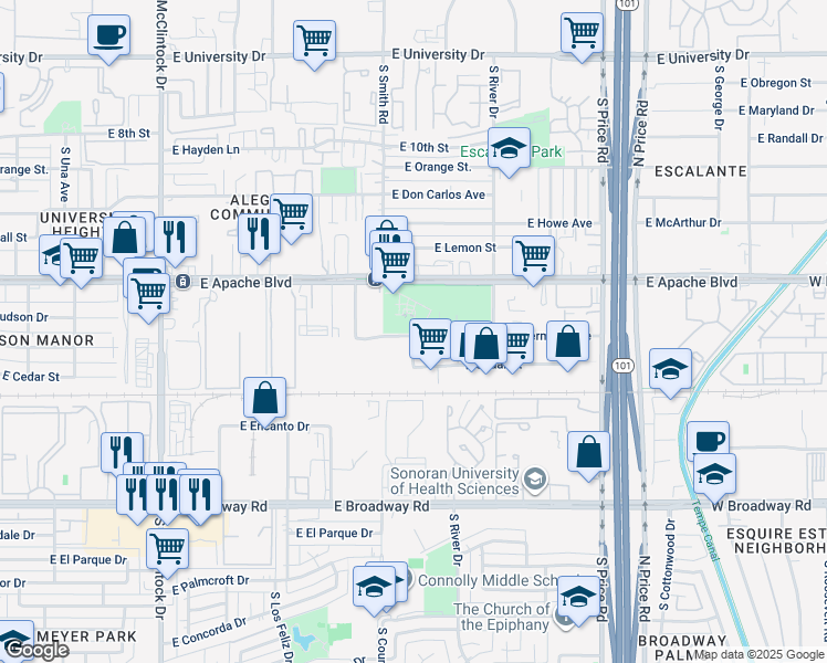 map of restaurants, bars, coffee shops, grocery stores, and more near East Wildermuth Avenue in Tempe