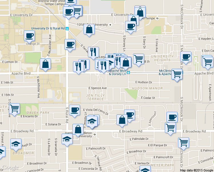 map of restaurants, bars, coffee shops, grocery stores, and more near 1415 South Terrace Road in Tempe