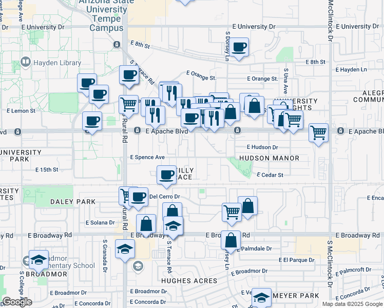 map of restaurants, bars, coffee shops, grocery stores, and more near 1415 South Terrace Road in Tempe