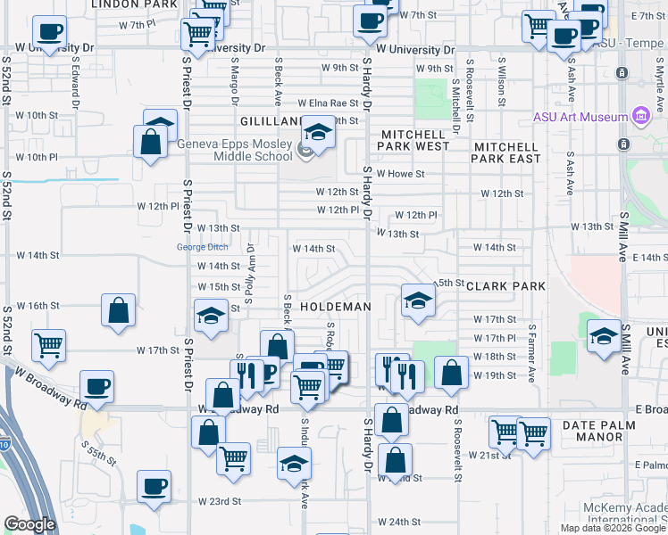 map of restaurants, bars, coffee shops, grocery stores, and more near 943 West Parkway Boulevard in Tempe