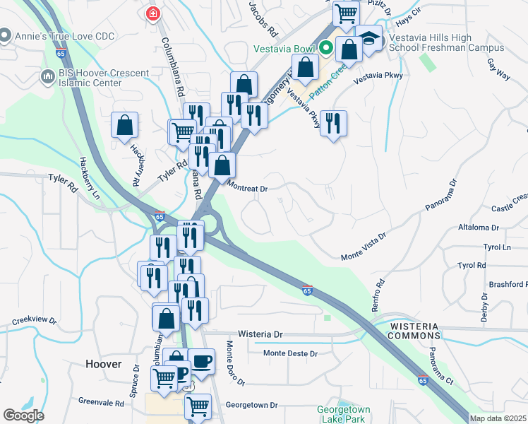 map of restaurants, bars, coffee shops, grocery stores, and more near 2079 Montreat Circle in Vestavia Hills