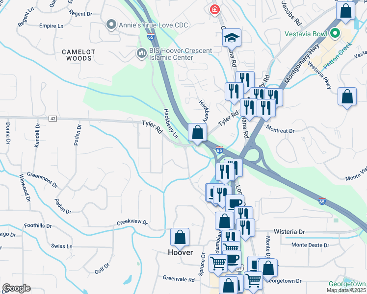 map of restaurants, bars, coffee shops, grocery stores, and more near 588 Southland Drive in Birmingham