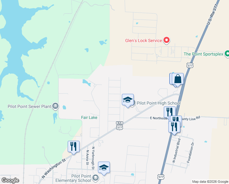 map of restaurants, bars, coffee shops, grocery stores, and more near 609 Cedar Drive in Pilot Point