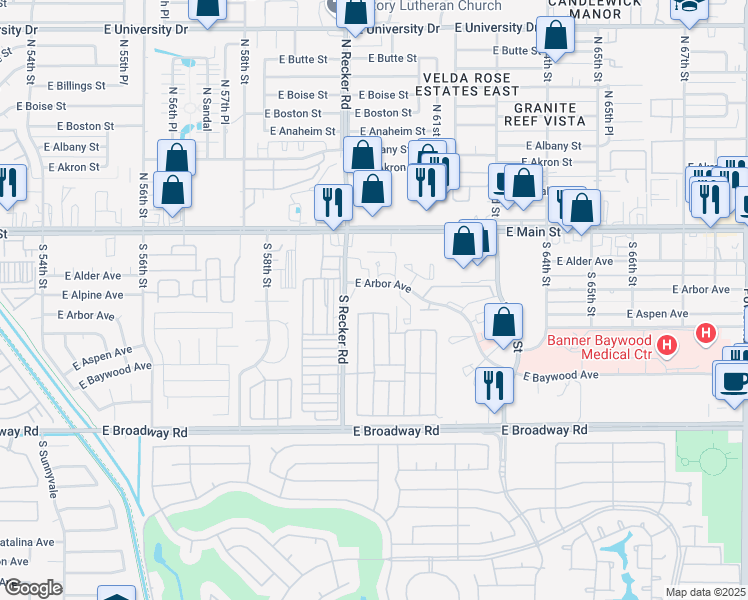 map of restaurants, bars, coffee shops, grocery stores, and more near 6033 East Arbor Avenue in Mesa