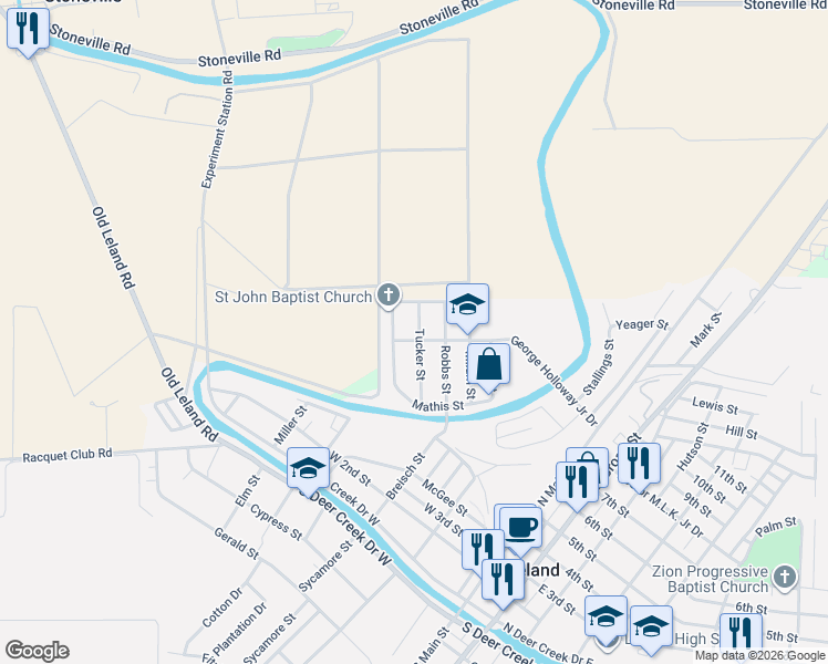 map of restaurants, bars, coffee shops, grocery stores, and more near 129 Tucker Street in Leland