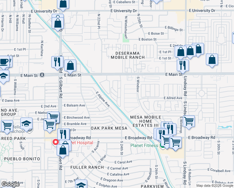 map of restaurants, bars, coffee shops, grocery stores, and more near 2345 East Main Street in Mesa