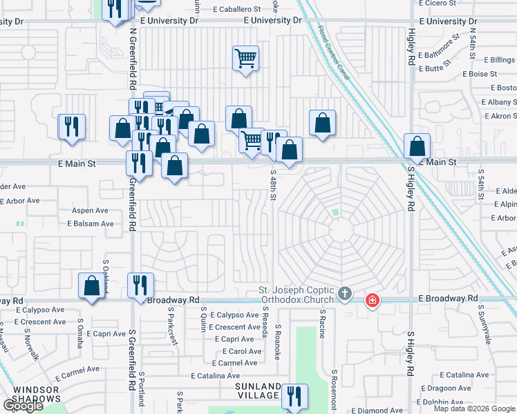 map of restaurants, bars, coffee shops, grocery stores, and more near Nectarine in Mesa