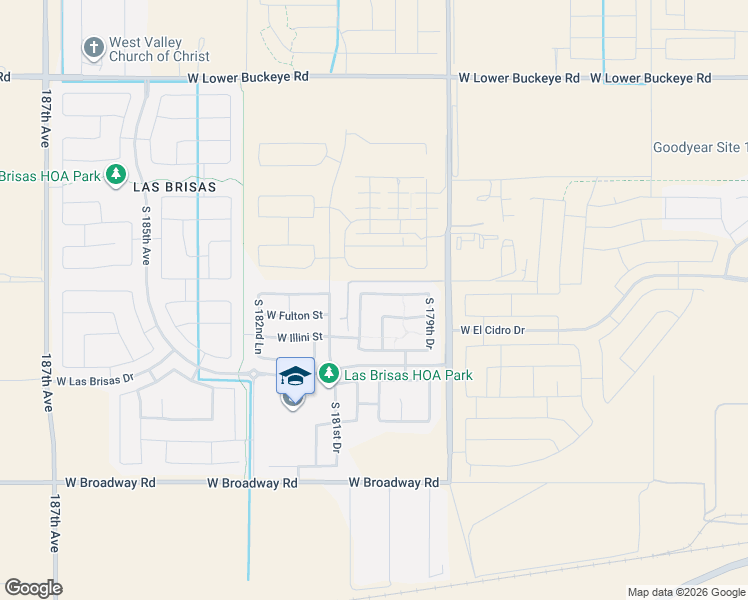 map of restaurants, bars, coffee shops, grocery stores, and more near 3683 South 180th Lane in Goodyear