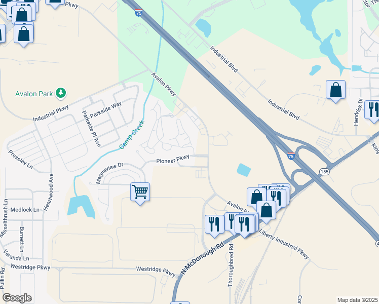 map of restaurants, bars, coffee shops, grocery stores, and more near 5012 Pioneer Parkway in McDonough