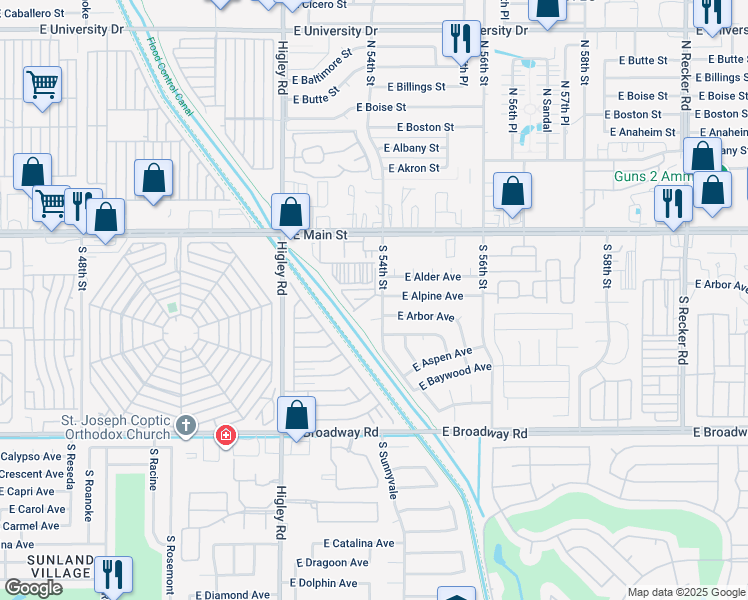 map of restaurants, bars, coffee shops, grocery stores, and more near 124 South 54th Street in Mesa
