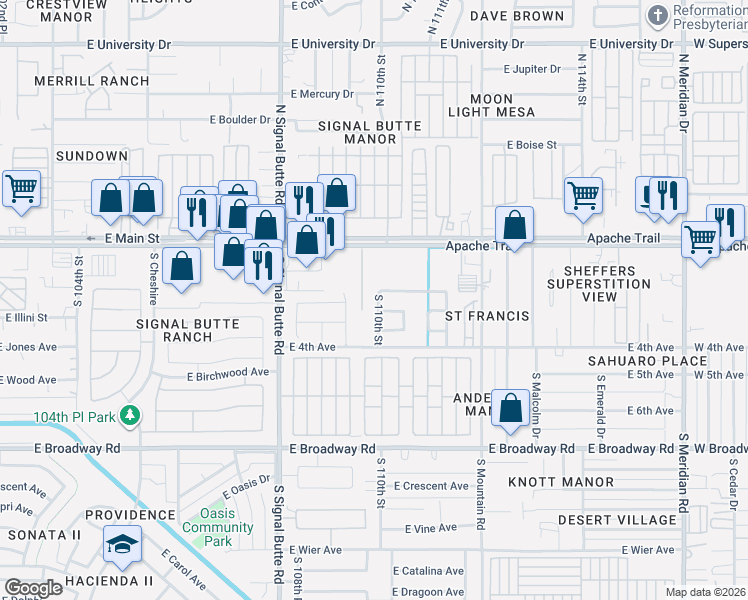 map of restaurants, bars, coffee shops, grocery stores, and more near 130 South 110th Street in Mesa