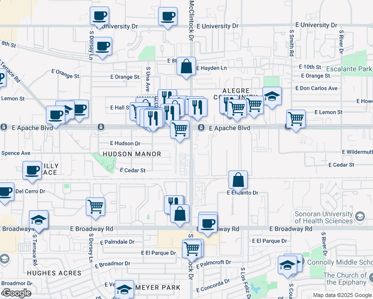 map of restaurants, bars, coffee shops, grocery stores, and more near 1400 South McClintock Drive in Tempe