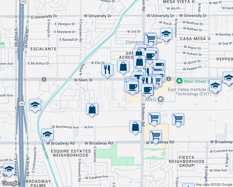 map of restaurants, bars, coffee shops, grocery stores, and more near 2121 West Main Street in Mesa