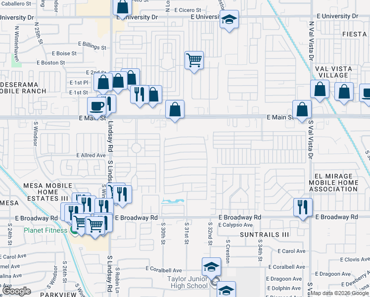 map of restaurants, bars, coffee shops, grocery stores, and more near 3104 East Broadway Road in Mesa