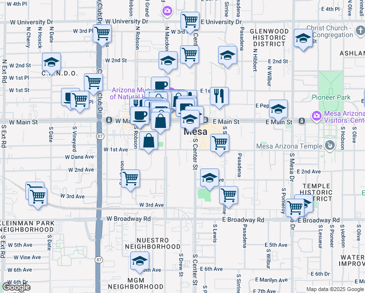 map of restaurants, bars, coffee shops, grocery stores, and more near 21 West 1st Avenue in Mesa