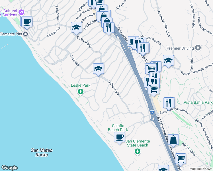 map of restaurants, bars, coffee shops, grocery stores, and more near West Avenida San Antonio in San Clemente