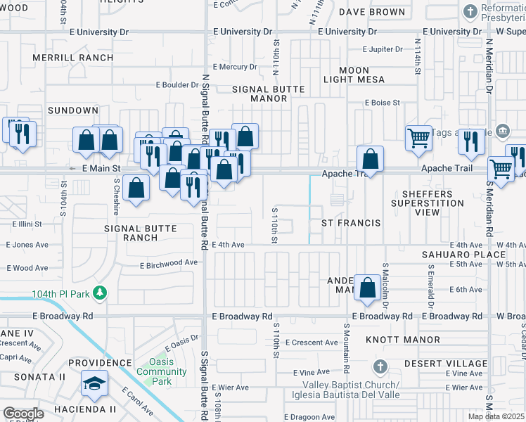 map of restaurants, bars, coffee shops, grocery stores, and more near 10929 E Apache Trail in Apache Junction