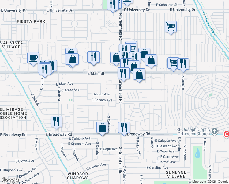 map of restaurants, bars, coffee shops, grocery stores, and more near 4322 East Balsam Avenue in Mesa