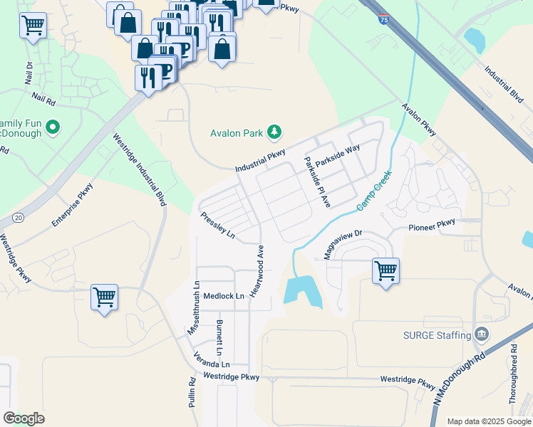 map of restaurants, bars, coffee shops, grocery stores, and more near 340 Paulownia Circle in McDonough