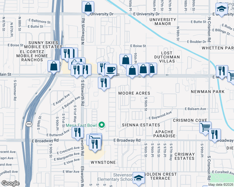 map of restaurants, bars, coffee shops, grocery stores, and more near 9302 East Broadway Road in Mesa